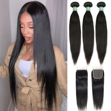 Load image into Gallery viewer, Aircabin Straight Bundles With Closure Remy Brazilian Human Hair Weave Bundles With Closure 3 4 Bundles With Lace Closure