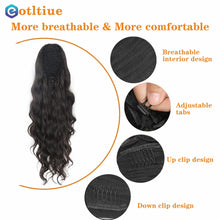 Load image into Gallery viewer, Long Wavy Ponytail Human Hair Drawstring Clip in Hairpiece Black Wave Extension African American Pony Tail Body Wave for Women