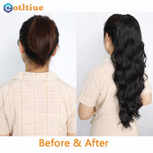 Load image into Gallery viewer, Long Wavy Ponytail Human Hair Drawstring Clip in Hairpiece Black Wave Extension African American Pony Tail Body Wave for Women