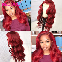 Load image into Gallery viewer, Red Wig Lace Front Human Hair Wigs 13x4 Body Wave Lace Front Wig Burgundy 99J Remy Brazilian Colored Human Hair Wigs Recool
