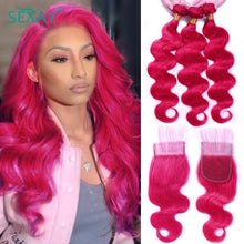 Load image into Gallery viewer, Sexay Pink Human Hair 3 Bundles With Closure Baby Hair 28 Inch Brazilian Body Wave Pre Plucked Lace Closures With Hair Bundles