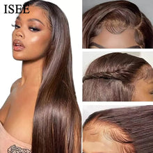 Load image into Gallery viewer, ISEE Hair Wig Colored Lace Front Wigs Malaysian Straight Chocolate Brown Human Hair Reddish Brown Lace Closure Wigs 99j Burgundy