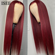 Load image into Gallery viewer, ISEE Hair Wig 99j Burgundy 13x4 HD Transparent Lace Front Wig Malaysian Straight Human Hair Wig For Women 4X4 Lace Closure Wig