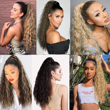 Load image into Gallery viewer, Corn Wavy Long Ponytail Synthetic Hairpiece Wrap Clip On Hair Extensions Ombre Brown Pony Tail Blonde Fack Hair