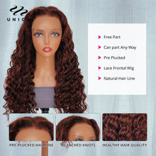 Load image into Gallery viewer, UNice Stunning #33B Reddish Brown Color Deep Wave lace Frontal Wig Autumn Breeze 180 Density 100% Human Hair Lace Wig for Women