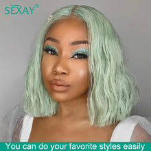 Load image into Gallery viewer, Sexay Mint Green Short Bob Wig Human Hair 13x4 Lace Frontal Human Hair Wigs Pre Plucked 150% Light Green Colored Lace Front Wigs