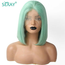 Load image into Gallery viewer, Sexay Mint Green Short Bob Wig Human Hair 13x4 Lace Frontal Human Hair Wigs Pre Plucked 150% Light Green Colored Lace Front Wigs