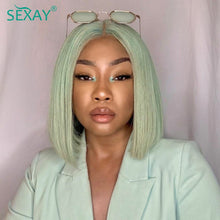 Load image into Gallery viewer, Sexay Mint Green Short Bob Wig Human Hair 13x4 Lace Frontal Human Hair Wigs Pre Plucked 150% Light Green Colored Lace Front Wigs