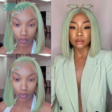 Load image into Gallery viewer, Sexay Mint Green Short Bob Wig Human Hair 13x4 Lace Frontal Human Hair Wigs Pre Plucked 150% Light Green Colored Lace Front Wigs