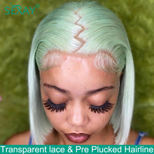 Load image into Gallery viewer, Sexay Mint Green Short Bob Wig Human Hair 13x4 Lace Frontal Human Hair Wigs Pre Plucked 150% Light Green Colored Lace Front Wigs