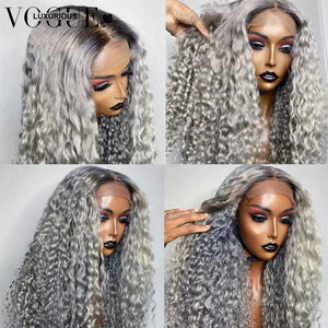 250 Density Deep Curly Frontal Wig Long Grey Colored Lace Front Human Hair Wigs Brazilian Virgin 13x3 Human Hair Lace Front Wig