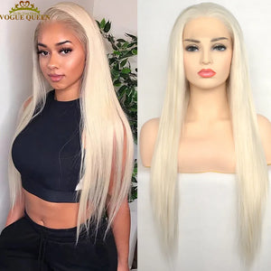 Voguequeen Platinum Blonde Synthetic Lace Front Wigs Silky Straight Heat Resistant Fiber Daily Wear For Women