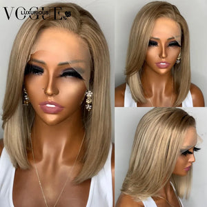 Ash Blonde Silky Straight Wigs Preplucked Brazilian Remy Human Hair 13x4 Transparent Lace Front Short Bob Wig Sandy Blonde Hair