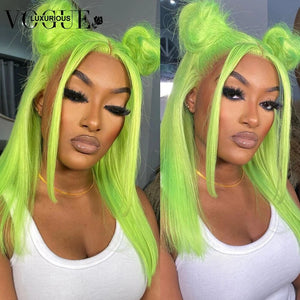 13x4 HD Transparent Lace Frontal Wig Fluorescent Green Short Bob Wigs Straight Wavy Brazilian Virgin Human Hair for Women