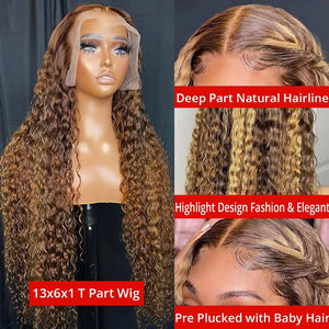 Highlight Wig Human Hair Deep Wave 13x4 Lace Frontal Wig    Curly Ombre Transparent HD Lace Front Wig Colored Honey Blonde Lace