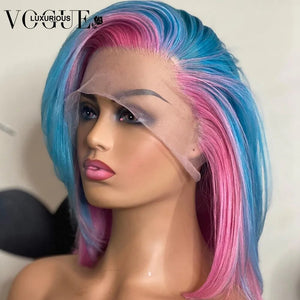 13x6 Highlight Pink Silky Straight Lace Front Wig Blue Color Brazilian Virgin Human Hair Short Bob Wigs with Baby Hairline