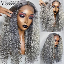 Load image into Gallery viewer, 250 Density Deep Curly Frontal Wig Long Grey Colored Lace Front Human Hair Wigs Brazilian Virgin 13x3 Human Hair Lace Front Wig
