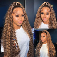 Load image into Gallery viewer, Highlight Wig Human Hair Deep Wave 13x4 Lace Frontal Wig    Curly Ombre Transparent HD Lace Front Wig Colored Honey Blonde Lace
