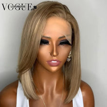 Load image into Gallery viewer, Ash Blonde Silky Straight Wigs Preplucked Brazilian Remy Human Hair 13x4 Transparent Lace Front Short Bob Wig Sandy Blonde Hair
