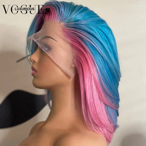 13x6 Highlight Pink Silky Straight Lace Front Wig Blue Color Brazilian Virgin Human Hair Short Bob Wigs with Baby Hairline