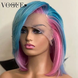 13x6 Highlight Pink Silky Straight Lace Front Wig Blue Color Brazilian Virgin Human Hair Short Bob Wigs with Baby Hairline