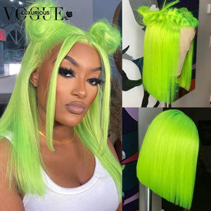 13x4 HD Transparent Lace Frontal Wig Fluorescent Green Short Bob Wigs Straight Wavy Brazilian Virgin Human Hair for Women