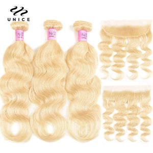 Unice Hair 613 Blonde Bundles With Frontal Brazilian Body Wave With Frontal Remy Human Hair Lace Frontal Closure With Bundle