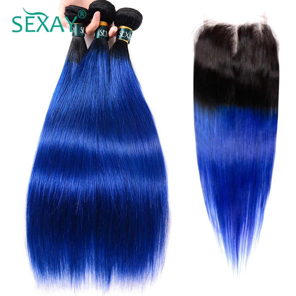 Sexay 1B Blue Bundles With Closure Thick Brazilian Straight Human Hair Weave Pre Colored Shappire Ombre Bundles With 4x4 Closure