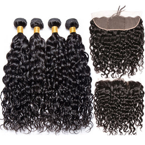 Peruvian Water Wave Bundles With Frontal Natural Wave Hair Extension Isee 100% Virgin Human Hair Bundels With Closure Frontal