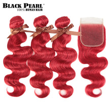 Load image into Gallery viewer, Black Pearl Red Bundles With Closure Malaysian Body Wave Remy Human Hair Weave Red Bundles With Closure
