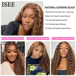 ISEE HAIR Honey Highlight Wig Human Hair Wigs 4/27 Ombre Curly 13x4 Lace Frontal Wigs Peruvian Kinky Curly Lace Closure Wigs