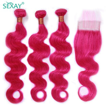 Load image into Gallery viewer, Sexay Pink Human Hair 3 Bundles With Closure Baby Hair 28 Inch Brazilian Body Wave Pre Plucked Lace Closures With Hair Bundles
