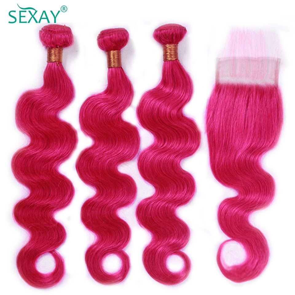 Sexay Pink Human Hair 3 Bundles With Closure Baby Hair 28 Inch Brazilian Body Wave Pre Plucked Lace Closures With Hair Bundles