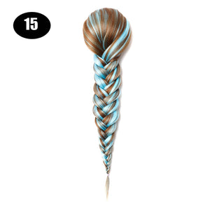 Sissi&#39;s Synthetic Hair Drawstring Rope Braids Ponytails Chignon Fishtail Ponytail Extension Purple Green Color Hairpiece