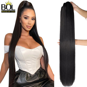 BOL 32Inch Long Kinky Curly Ponytail Hair Extensions Human Hair Feeling Synthetic Drawstring Ponytail Soft and Natural for Women