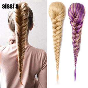 Sissi&#39;s Synthetic Hair Drawstring Rope Braids Ponytails Chignon Fishtail Ponytail Extension Purple Green Color Hairpiece