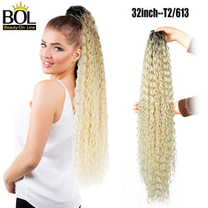 BOL 32Inch Long Kinky Curly Ponytail Hair Extensions Human Hair Feeling Synthetic Drawstring Ponytail Soft and Natural for Women