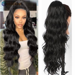 Long Wavy Ponytail Human Hair Drawstring Clip in Hairpiece Black Wave Extension African American Pony Tail Body Wave for Women