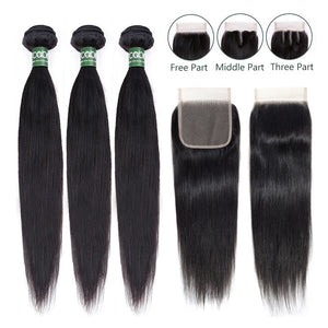 Aircabin Straight Bundles With Closure Remy Brazilian Human Hair Weave Bundles With Closure 3 4 Bundles With Lace Closure