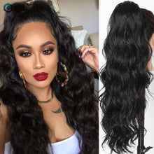 Load image into Gallery viewer, Long Wavy Ponytail Human Hair Drawstring Clip in Hairpiece Black Wave Extension African American Pony Tail Body Wave for Women
