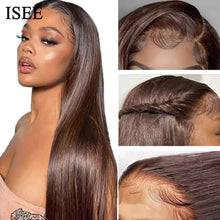 Load image into Gallery viewer, ISEE Hair Wig Colored Lace Front Wigs Malaysian Straight Chocolate Brown Human Hair Reddish Brown Lace Closure Wigs 99j Burgundy
