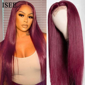 ISEE Hair Wig 99j Burgundy 13x4 HD Transparent Lace Front Wig Malaysian Straight Human Hair Wig For Women 4X4 Lace Closure Wig