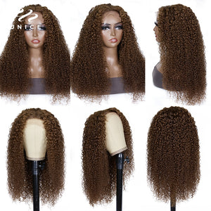UNice Hair Color 4 Brown Lace Wig Brazilian Curly Human Hair Wig 4x0.75 Chocolate Brown Wig T Part Lace Wig Human Hair