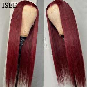 ISEE Hair Wig 99j Burgundy 13x4 HD Transparent Lace Front Wig Malaysian Straight Human Hair Wig For Women 4X4 Lace Closure Wig