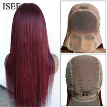 Load image into Gallery viewer, ISEE Hair Wig Colored Lace Front Wigs Malaysian Straight Chocolate Brown Human Hair Reddish Brown Lace Closure Wigs 99j Burgundy
