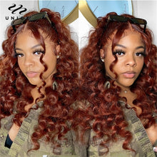 Load image into Gallery viewer, UNice Stunning #33B Reddish Brown Color Deep Wave lace Frontal Wig Autumn Breeze 180 Density 100% Human Hair Lace Wig for Women
