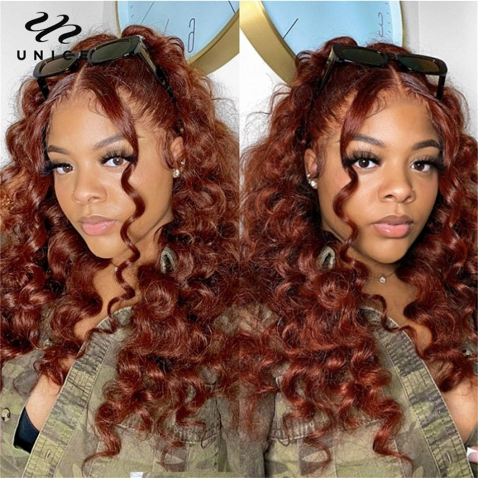 UNice Stunning #33B Reddish Brown Color Deep Wave lace Frontal Wig Autumn Breeze 180 Density 100% Human Hair Lace Wig for Women