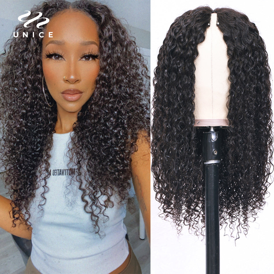 UNice Hair New V Part Wig Human Hair Curly V Part Wig 5"x2" Upgrade U Part Wig V Shape Glueless Human Hair Wigs  No Leave Out